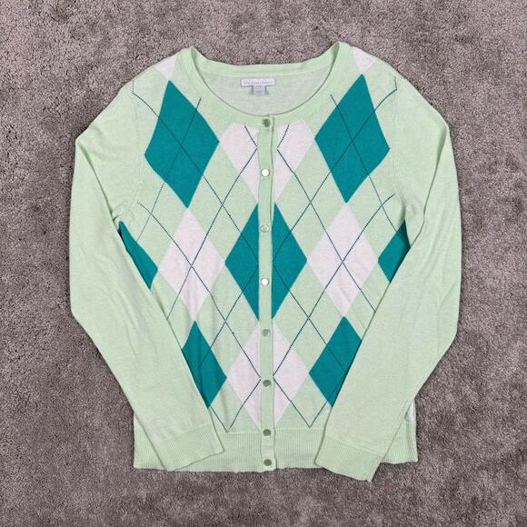 y2k New York & Company Cardigan Sweater L Green Argyle Plaid Button Up Preppy - Picture 4 of 11